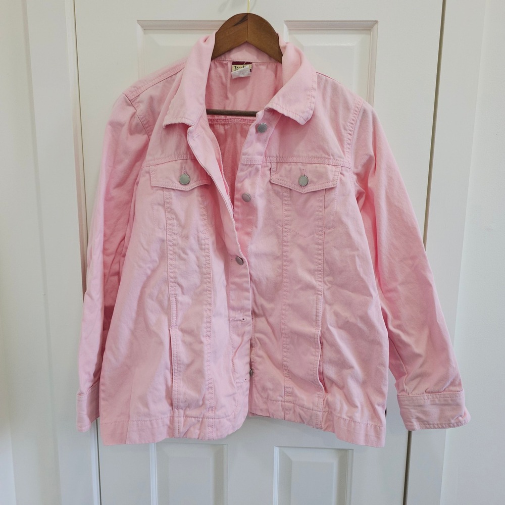 Tudor Court Pink Denim Jacket Womens Large 100% Cotton Button Front Pastel D5L